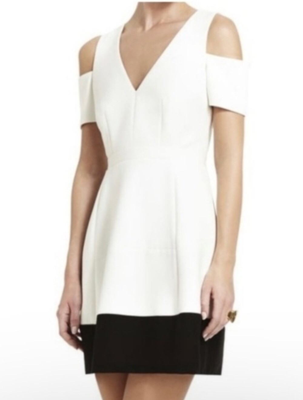 BCBGMAXAZRIA Krisa Cold Shoulder Colorblock Mini Dress Off White Black Size 0